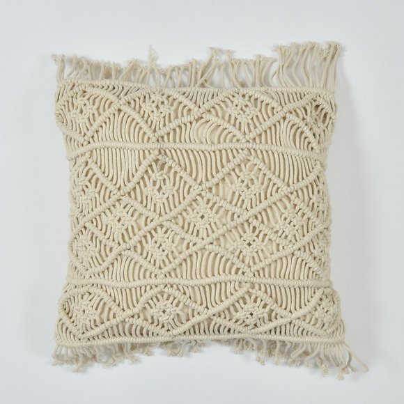 Macrame Cushion Cover, diamonds, 3 sections, fringes, 16x16 inches - Picture 4 of 5